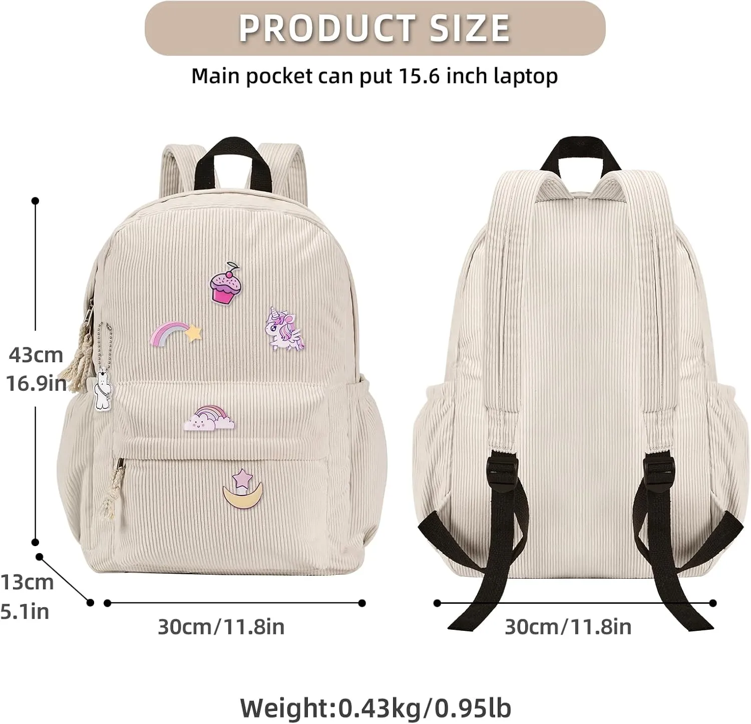 School Backpack for Teens, Corduroy Bookbag with 6X Cute Pin Accessories, Lightweight High School College Laptop Bags, Women Travel Daypacks