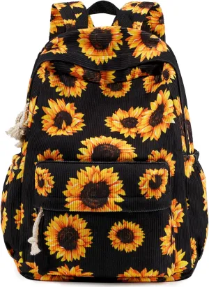 School Backpack for Teens‌, Corduroy Bookbag with 6X Cute Pin Accessories (Sunflower Black)