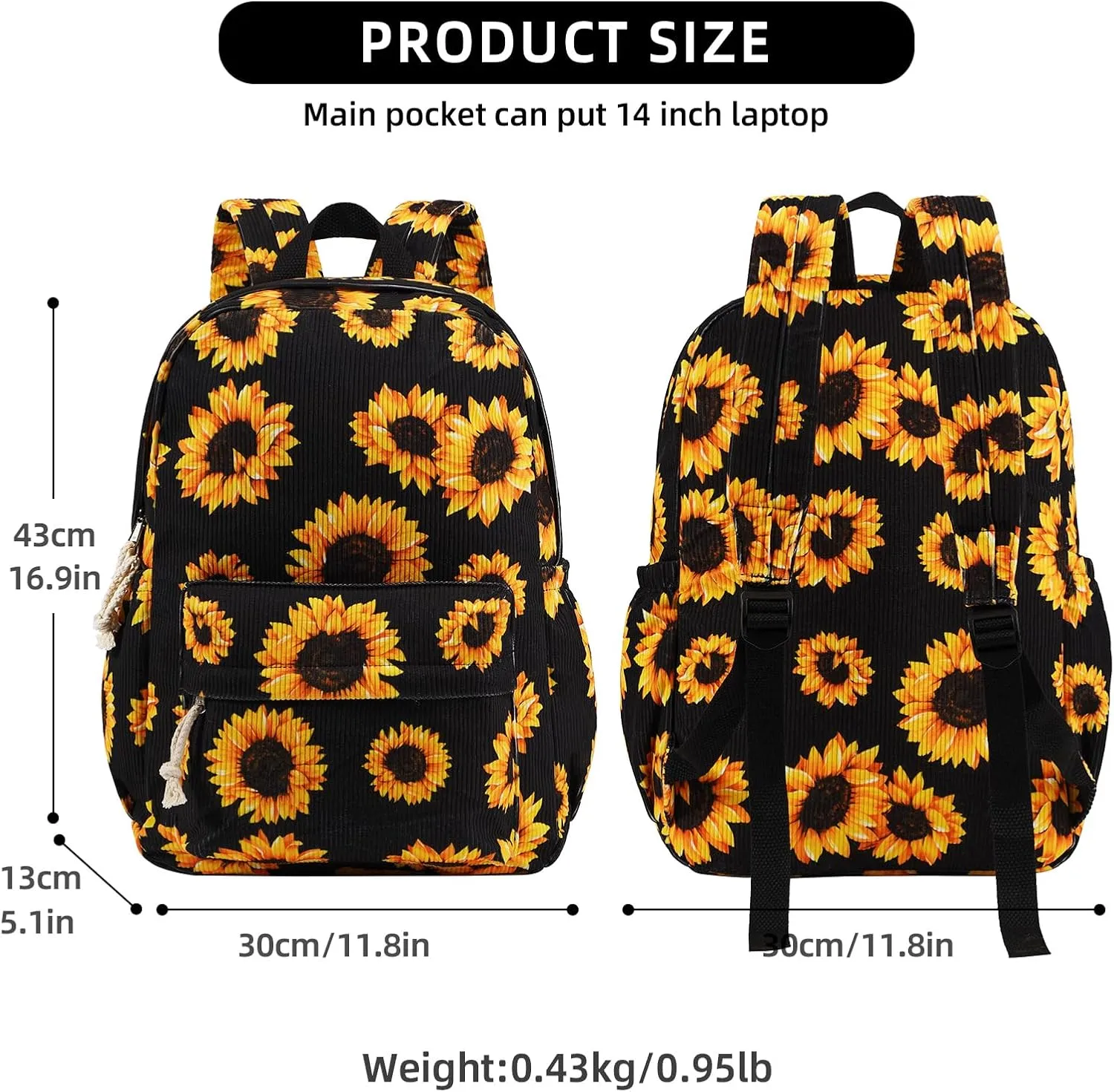 School Backpack for Teens‌, Corduroy Bookbag with 6X Cute Pin Accessories (Sunflower Black)