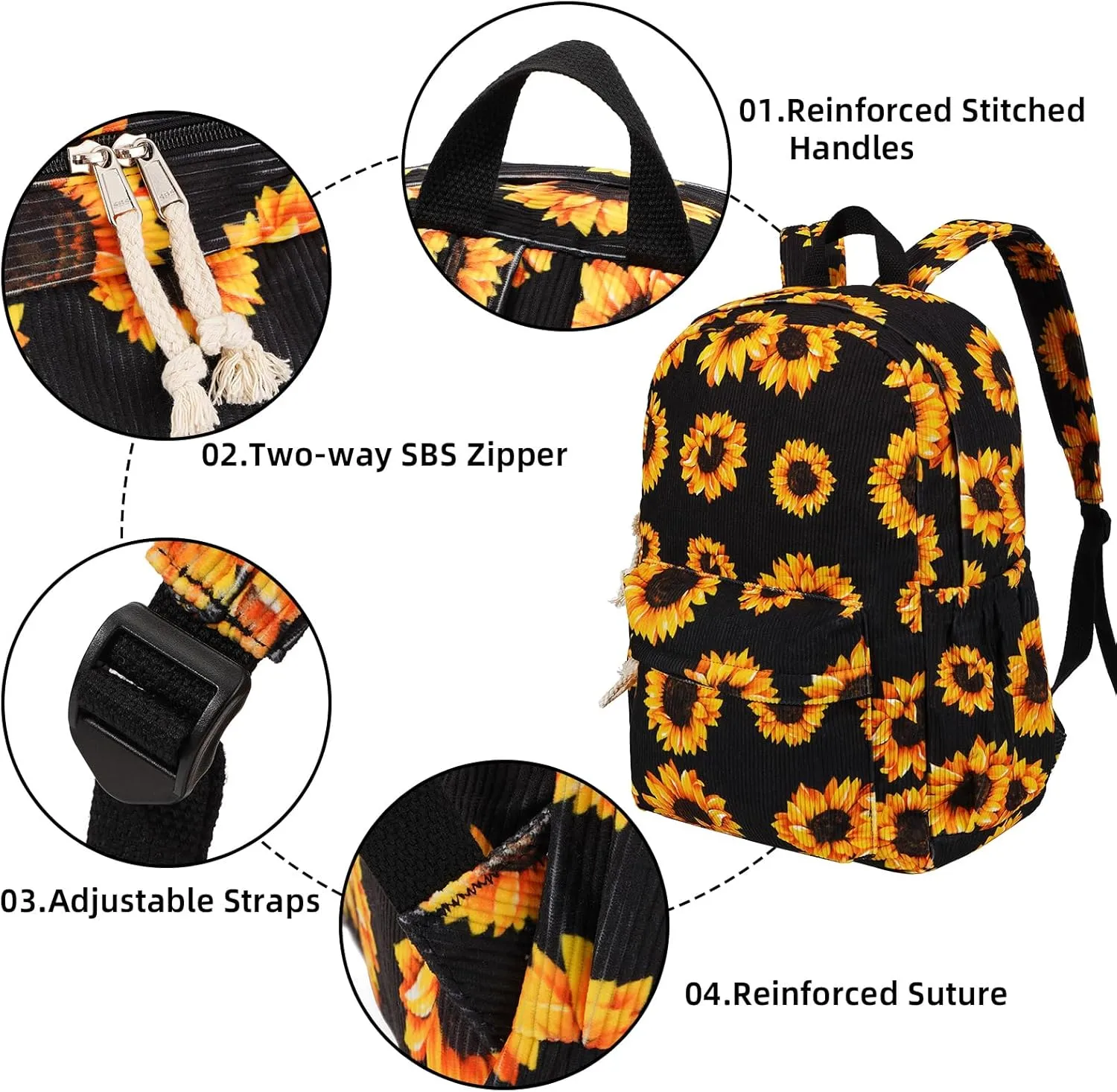 School Backpack for Teens‌, Corduroy Bookbag with 6X Cute Pin Accessories (Sunflower Black)
