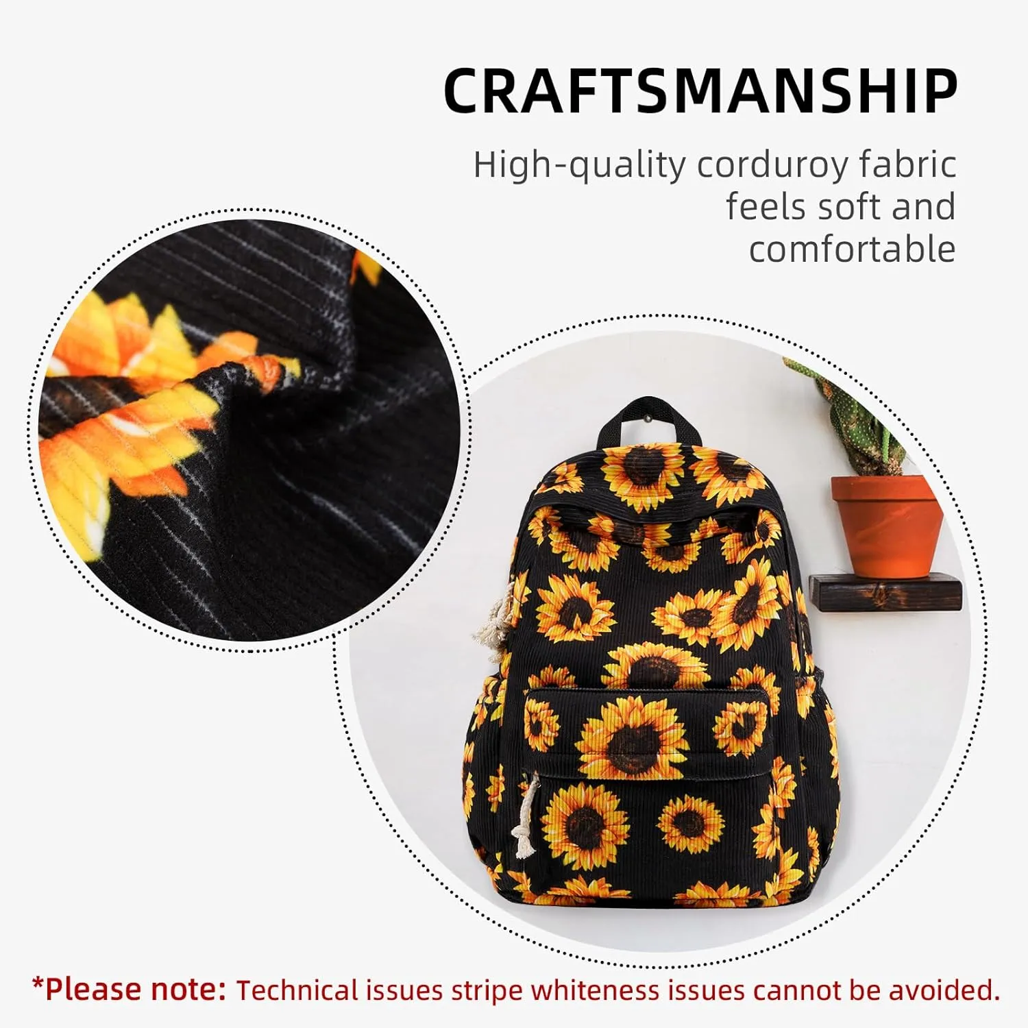 School Backpack for Teens‌, Corduroy Bookbag with 6X Cute Pin Accessories (Sunflower Black)