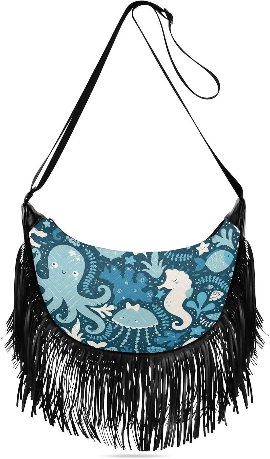 Sea Life Whale Octopus Crossbody Bag for Women Fringe Shoulder Bag with Adjustable Strap