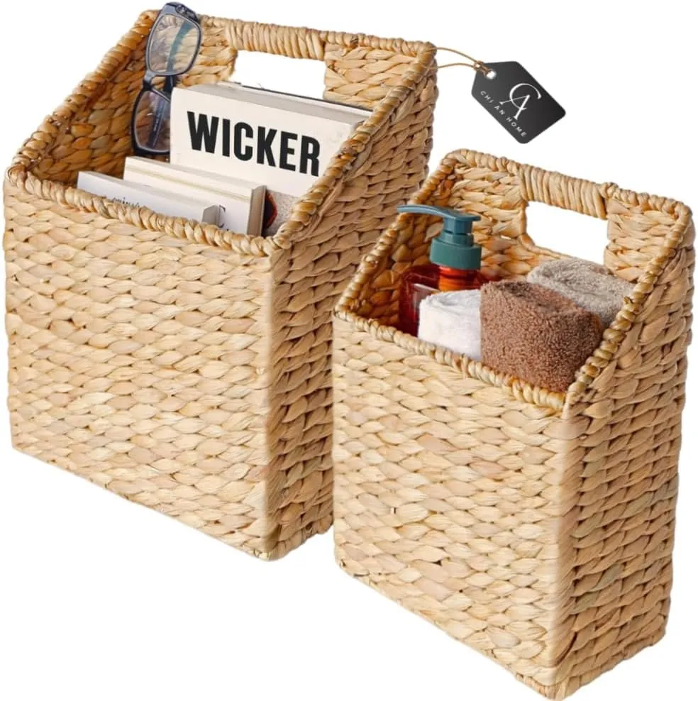 Set of 2 Wicker Hanging Storage Baskets, Handwoven Wall Baskets for Mail, Files, Books & Accessories, Wall-Mounted Organizer for Entryway, Kitchen, Office, Boho Farmhouse Decor