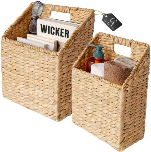 Set of 2 Wicker Hanging Storage Baskets, Handwoven Wall Baskets for Mail, Files, Books & Accessories, Wall-Mounted Organizer for Entryway, Kitchen, Office, Boho Farmhouse Decor