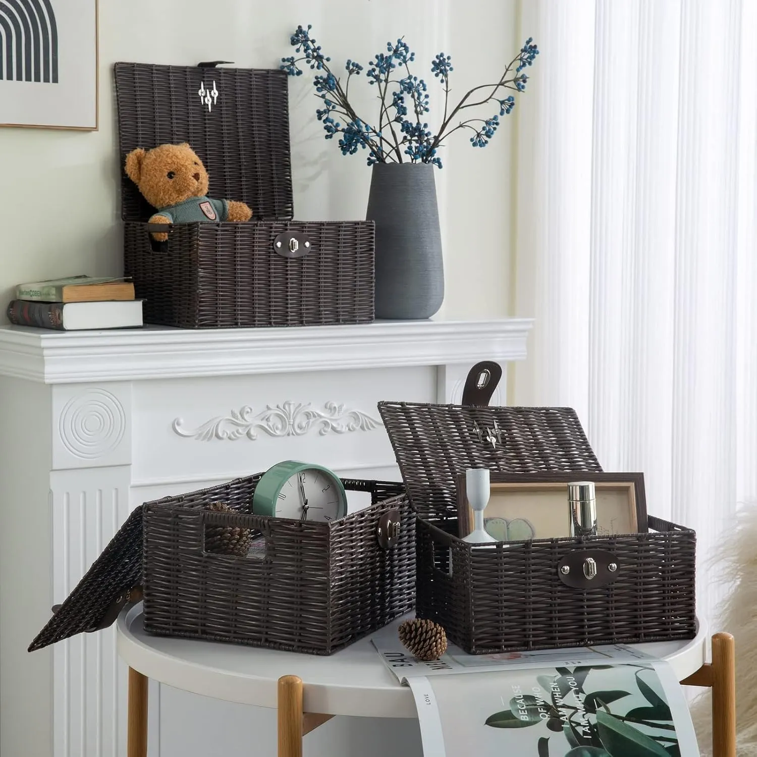 Set of 3 Woven Wicker Storage Basket Box with Lid & Lock, Built-in Carry Handles, Multifunctional Storage Organiser for Nursery, Baby, Clothes, Toys, Books, Large/Medium/Small Size (Brown)