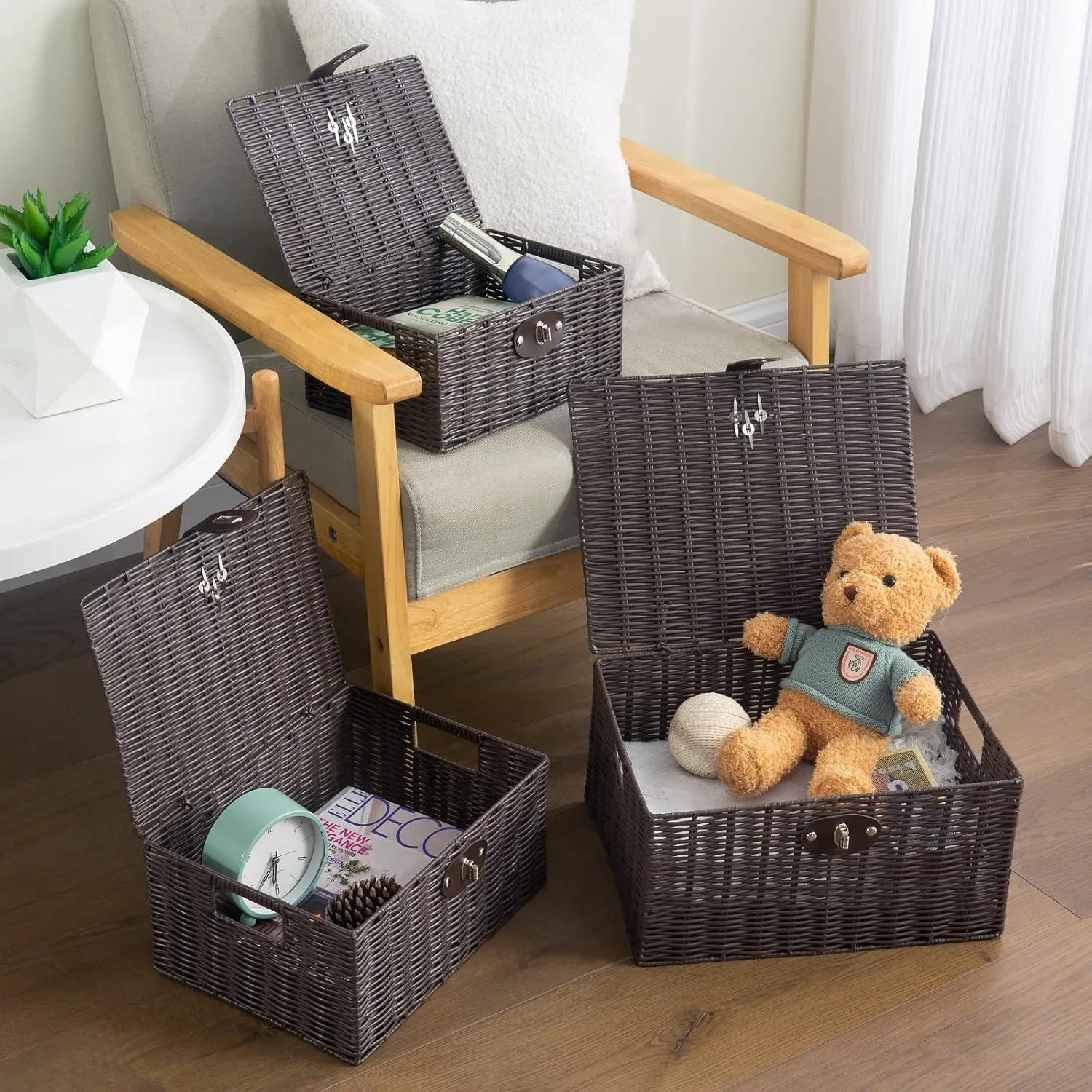 Set of 3 Woven Wicker Storage Basket Box with Lid & Lock, Built-in Carry Handles, Multifunctional Storage Organiser for Nursery, Baby, Clothes, Toys, Books, Large/Medium/Small Size (Brown)