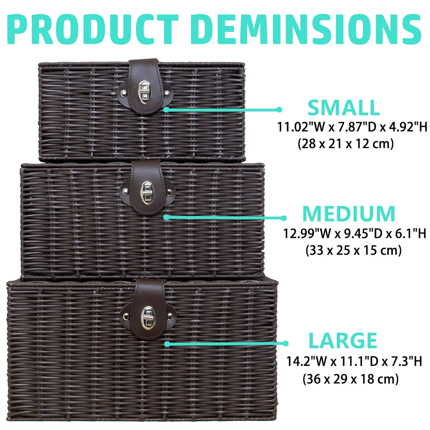 Set of 3 Woven Wicker Storage Basket Box with Lid & Lock, Built-in Carry Handles, Multifunctional Storage Organiser for Nursery, Baby, Clothes, Toys, Books, Large/Medium/Small Size (Brown)