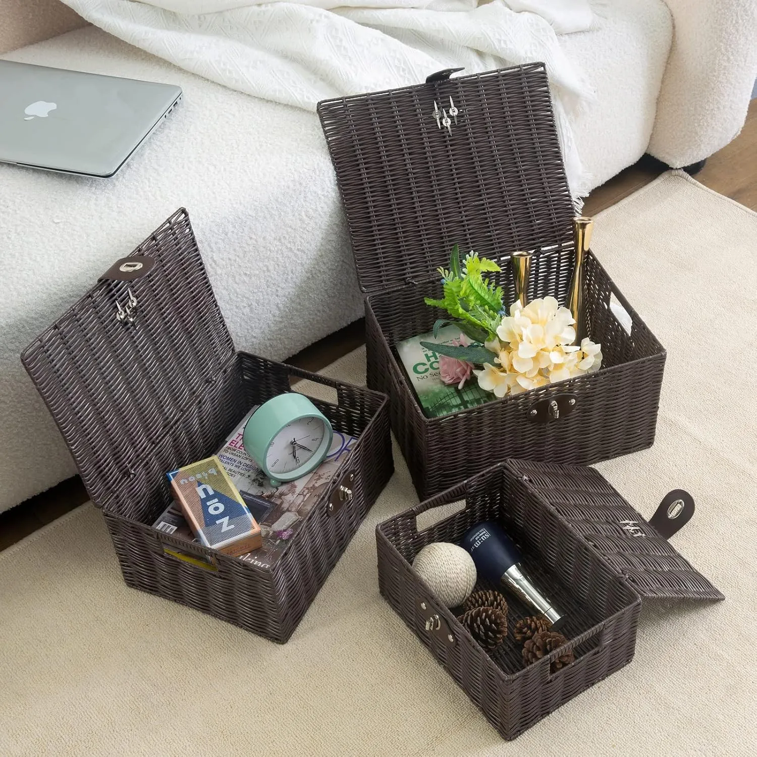Set of 3 Woven Wicker Storage Basket Box with Lid & Lock, Built-in Carry Handles, Multifunctional Storage Organiser for Nursery, Baby, Clothes, Toys, Books, Large/Medium/Small Size (Brown)