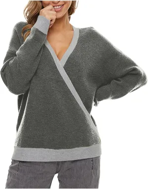 Sexy Cross Wrap v Neck Sweaters for Women Trendy Oversized Long Sleeve Knit Pullover Tops Ladies Casual Sweater