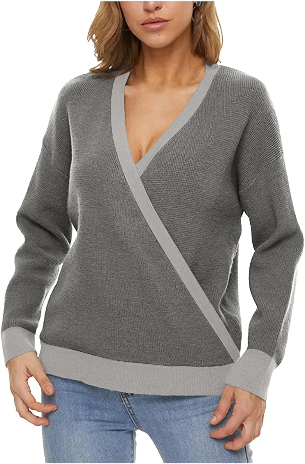 Sexy Cross Wrap v Neck Sweaters for Women Trendy Oversized Long Sleeve Knit Pullover Tops Ladies Casual Sweater