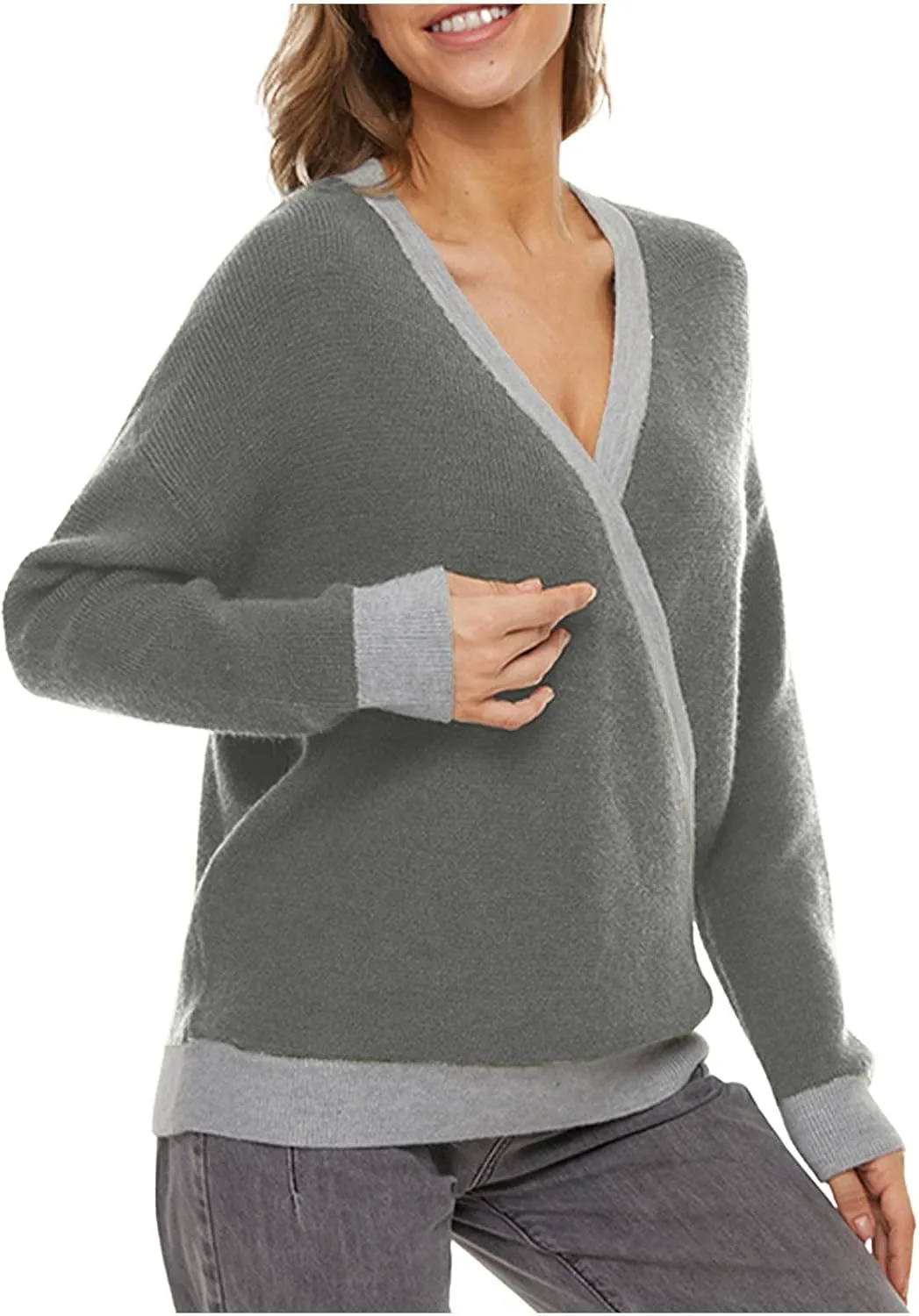 Sexy Cross Wrap v Neck Sweaters for Women Trendy Oversized Long Sleeve Knit Pullover Tops Ladies Casual Sweater
