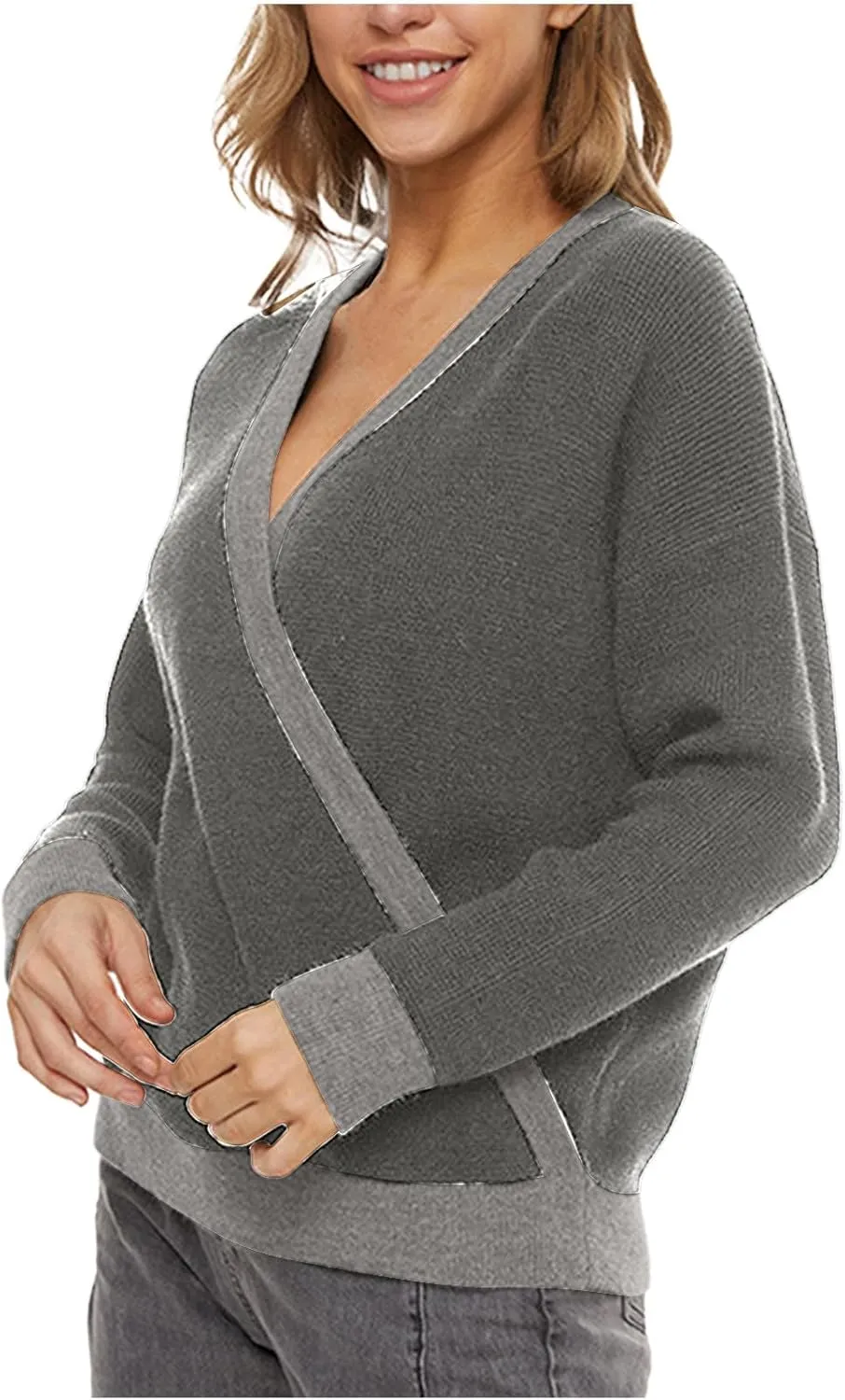 Sexy Cross Wrap v Neck Sweaters for Women Trendy Oversized Long Sleeve Knit Pullover Tops Ladies Casual Sweater
