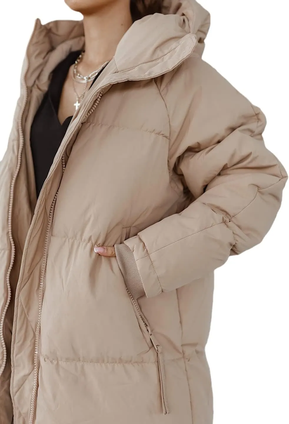Shanfetl Women Long Quilted Coat Hooded Maxi Length Long Sleeve Puffer Jacket Padded Coat Winter Outerwear