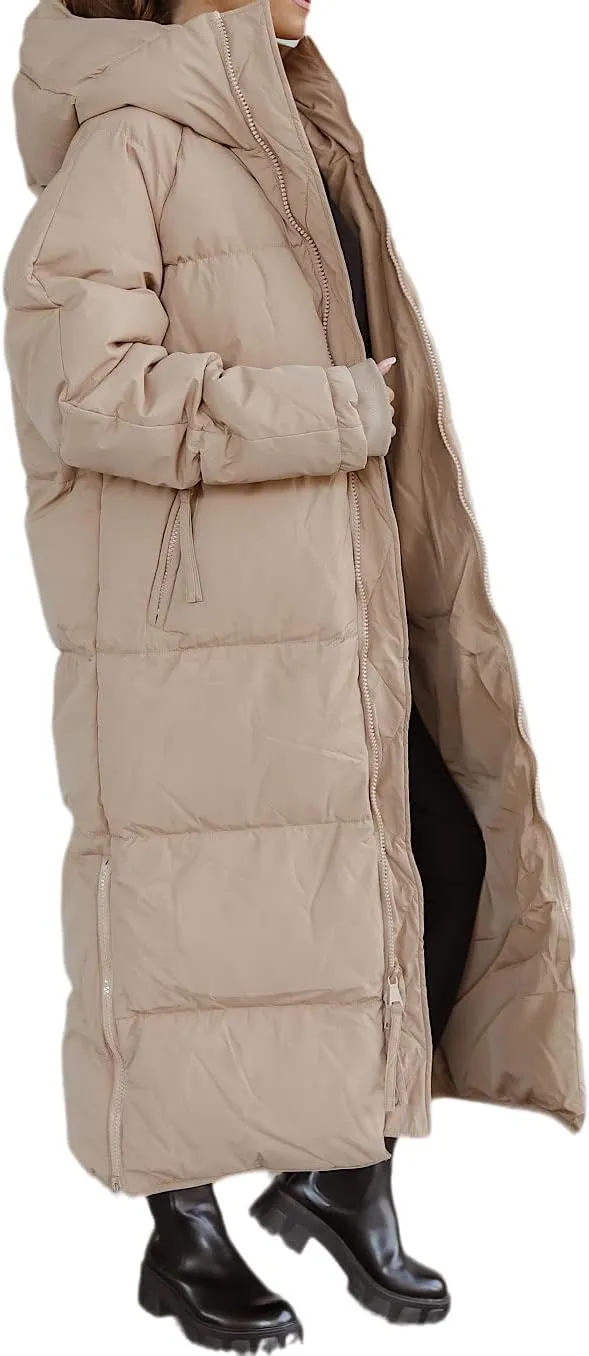 Shanfetl Women Long Quilted Coat Hooded Maxi Length Long Sleeve Puffer Jacket Padded Coat Winter Outerwear