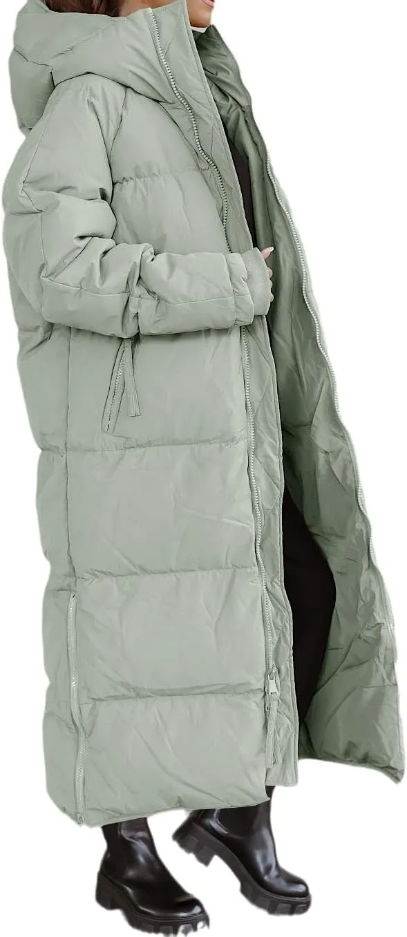 Shanfetl Women Long Quilted Coat Hooded Maxi Length Long Sleeve Puffer Jacket Padded Coat Winter Outerwear