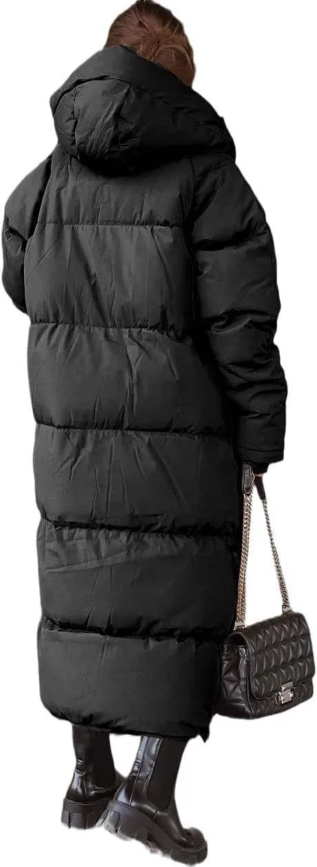 Shanfetl Women Long Quilted Coat Hooded Maxi Length Long Sleeve Puffer Jacket Padded Coat Winter Outerwear