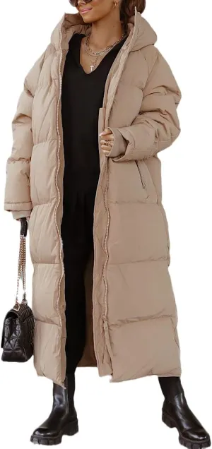 Shanfetl Women Long Quilted Coat Hooded Maxi Length Long Sleeve Puffer Jacket Padded Coat Winter Outerwear