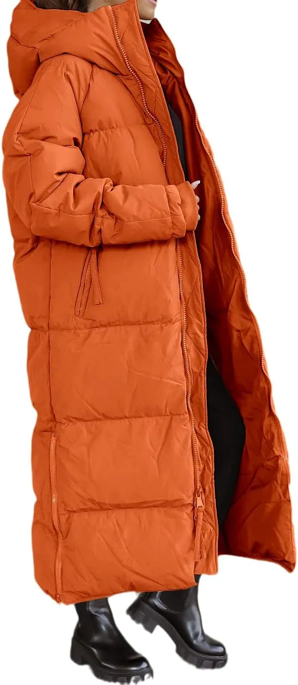 Shanfetl Women Long Quilted Coat Hooded Maxi Length Long Sleeve Puffer Jacket Padded Coat Winter Outerwear