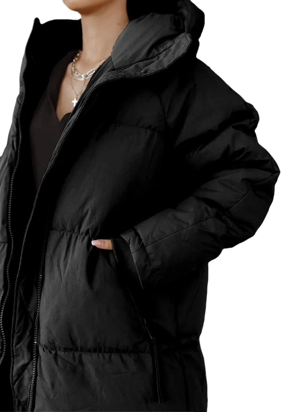 Shanfetl Women Long Quilted Coat Hooded Maxi Length Long Sleeve Puffer Jacket Padded Coat Winter Outerwear