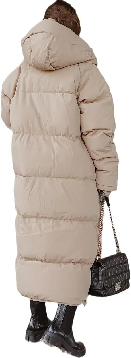 Shanfetl Women Long Quilted Coat Hooded Maxi Length Long Sleeve Puffer Jacket Padded Coat Winter Outerwear