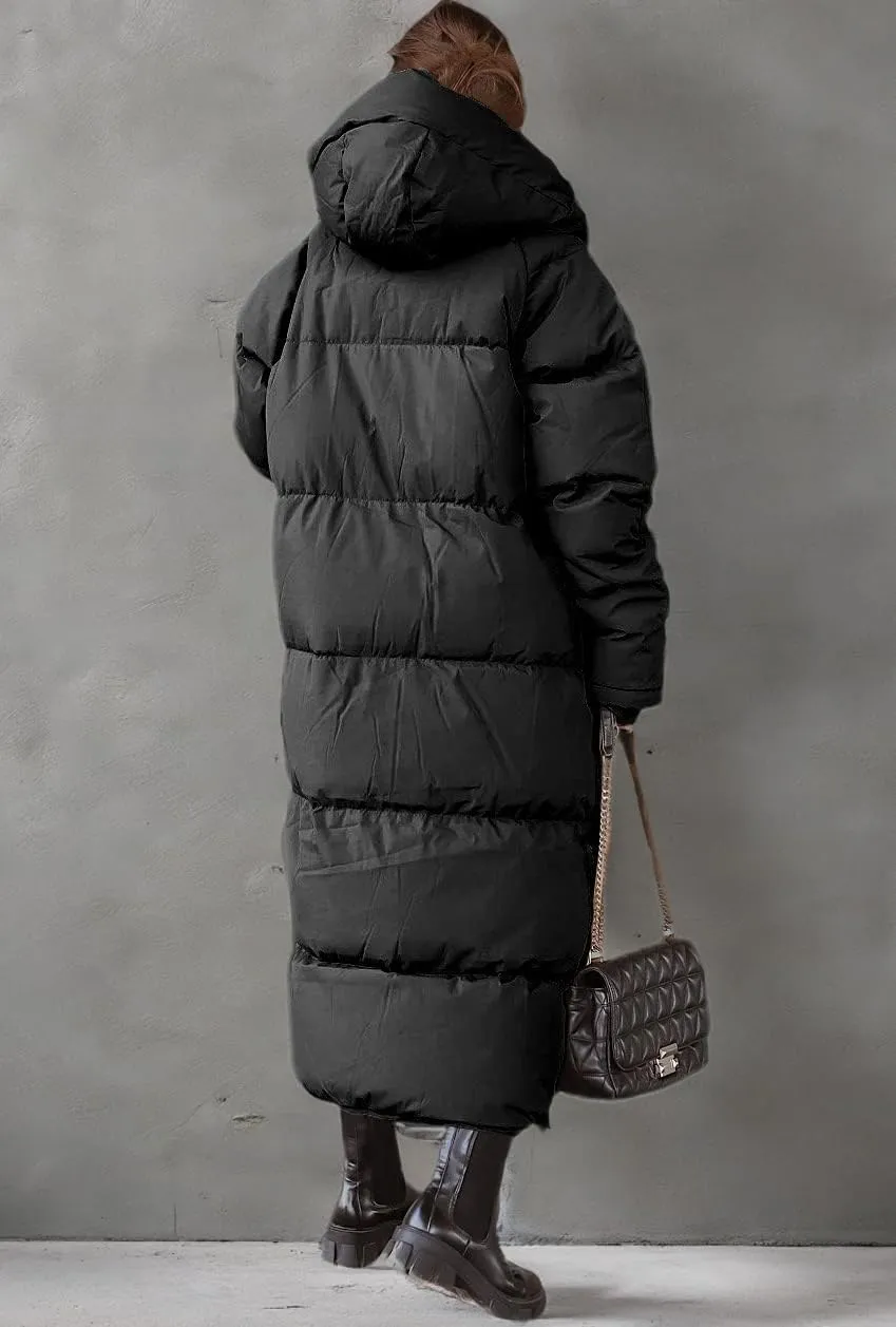 Shanfetl Women Long Quilted Coat Hooded Maxi Length Long Sleeve Puffer Jacket Padded Coat Winter Outerwear