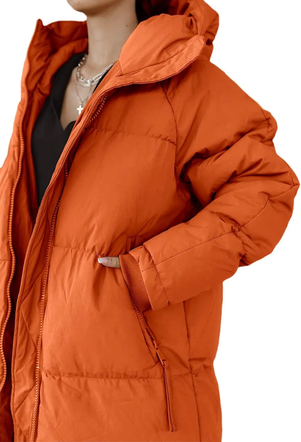 Shanfetl Women Long Quilted Coat Hooded Maxi Length Long Sleeve Puffer Jacket Padded Coat Winter Outerwear
