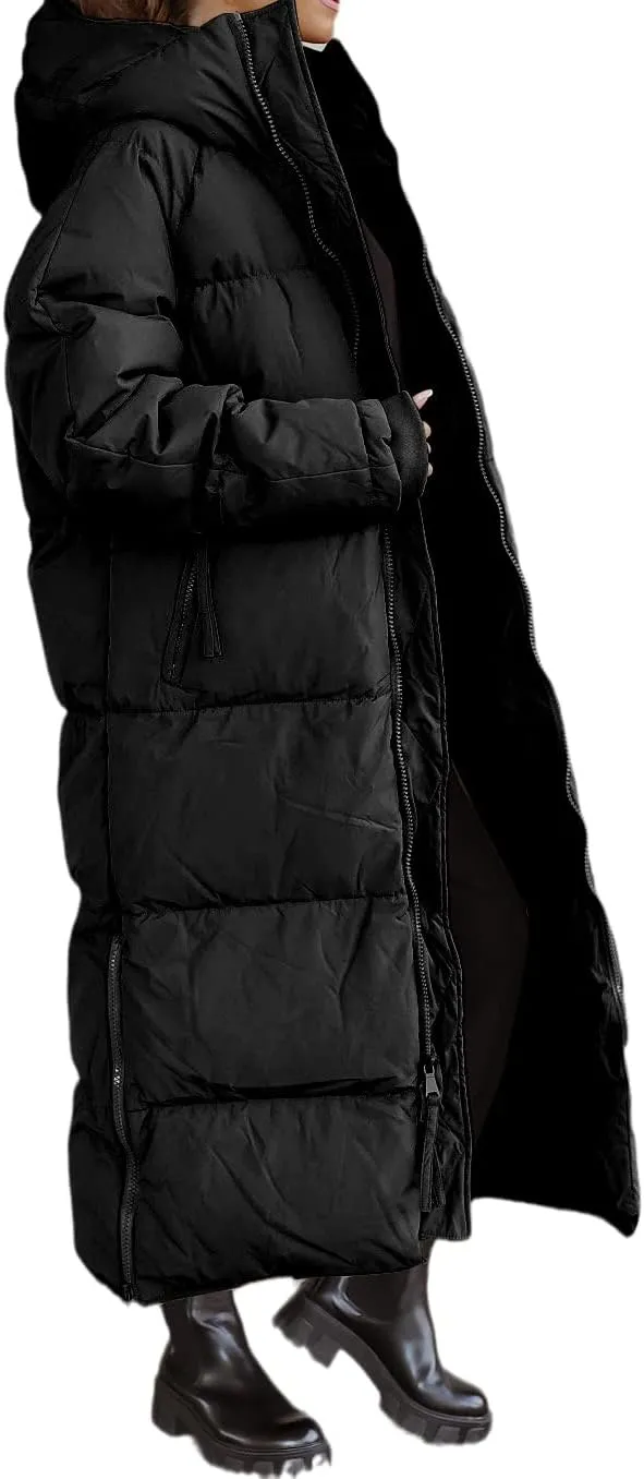 Shanfetl Women Long Quilted Coat Hooded Maxi Length Long Sleeve Puffer Jacket Padded Coat Winter Outerwear