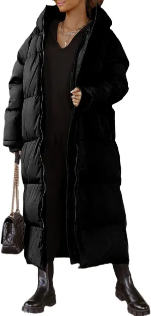 Shanfetl Women Long Quilted Coat Hooded Maxi Length Long Sleeve Puffer Jacket Padded Coat Winter Outerwear