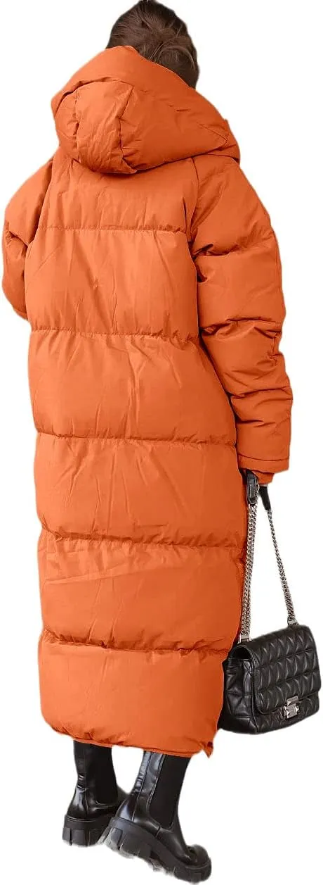 Shanfetl Women Long Quilted Coat Hooded Maxi Length Long Sleeve Puffer Jacket Padded Coat Winter Outerwear