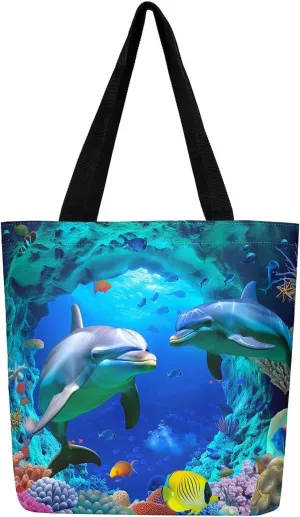 Shark Canvas Tote Bag Sea Turtle Tote Bag Dolphin Underwater World Shoulder Bag