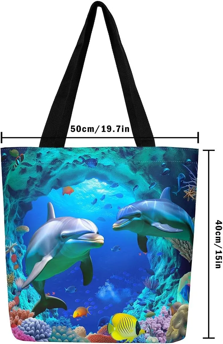 Shark Canvas Tote Bag Sea Turtle Tote Bag Dolphin Underwater World Shoulder Bag