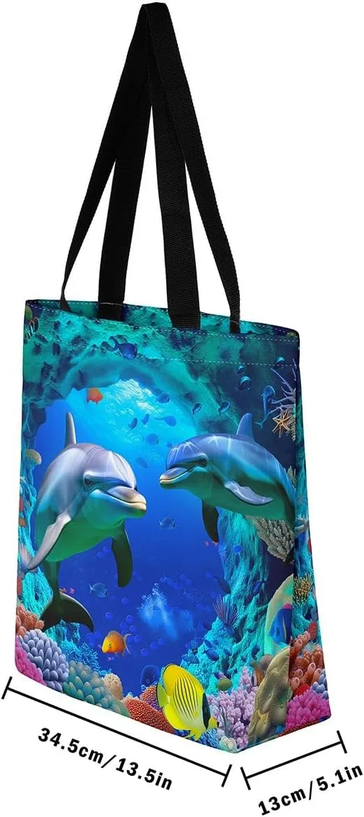 Shark Canvas Tote Bag Sea Turtle Tote Bag Dolphin Underwater World Shoulder Bag