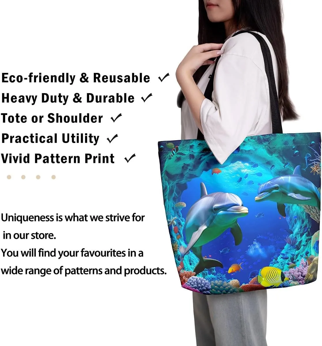 Shark Canvas Tote Bag Sea Turtle Tote Bag Dolphin Underwater World Shoulder Bag