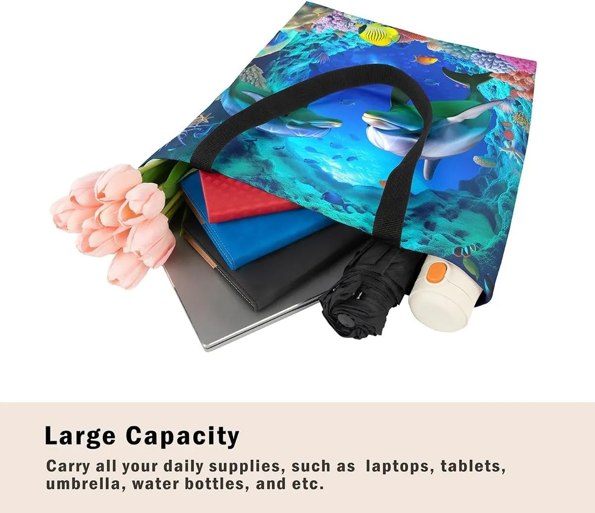Shark Canvas Tote Bag Sea Turtle Tote Bag Dolphin Underwater World Shoulder Bag