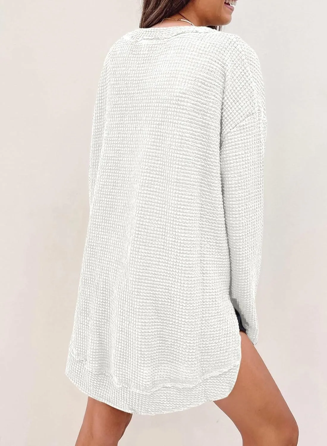 SHEWIN Long Sleeve Shirts For Women Oversized Sweatshirt Crewneck Waffle Knit Spring Tops for Women 2025