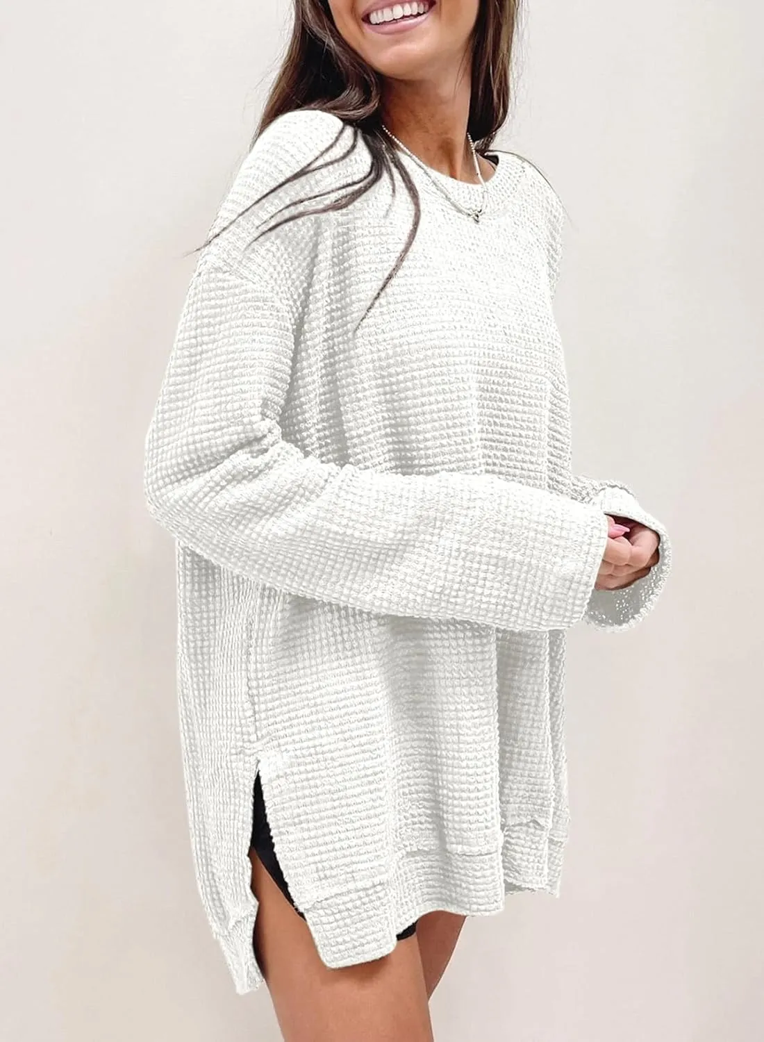 SHEWIN Long Sleeve Shirts For Women Oversized Sweatshirt Crewneck Waffle Knit Spring Tops for Women 2025