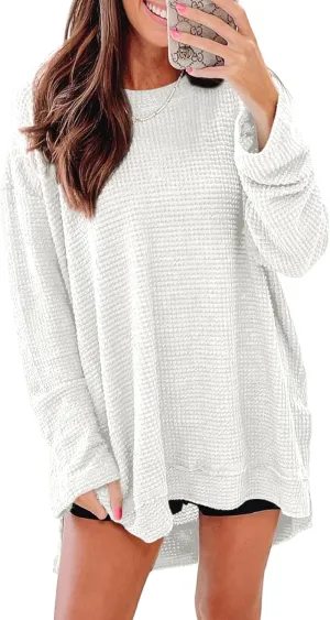 SHEWIN Long Sleeve Shirts For Women Oversized Sweatshirt Crewneck Waffle Knit Spring Tops for Women 2025