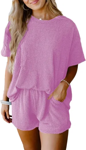 SHEWIN Two 2 Piece Sets for Women Short Sleeve Shirts High Waisted Shorts with Pockets Pajamas Lounge Matching Set