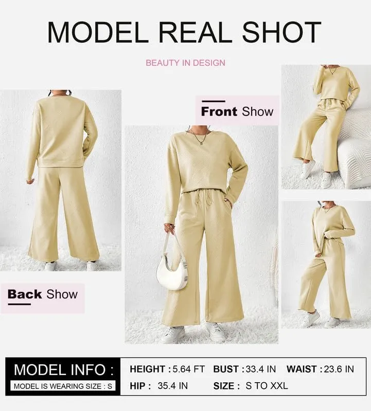 SHEWIN Women's 2 Piece Outfits Sweatsuit Casual Long Sleeve Pullover Tops and Drawstring Wide Leg Pants Lounge Sets