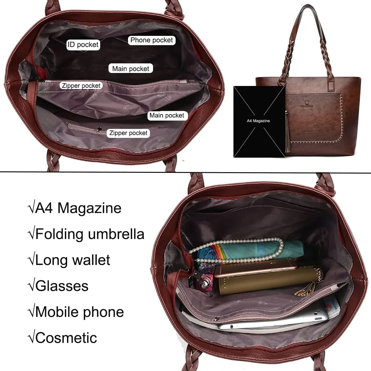 Shoulder Bags and Purses for Women PU Leather Fashion Handbag Tote Retro Top-Handle Satchel with Tassle