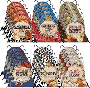 Silkfly 24 Pcs Wild Western Cowboy Party Drawstring Backpack Bag Beach Sports Cinch Bag for Cowgirl Birthday Supplies