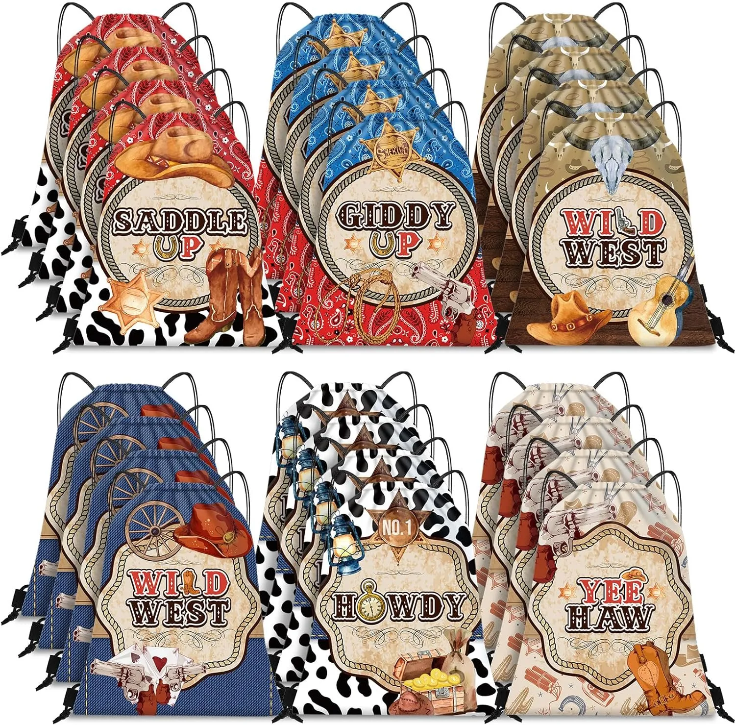 Silkfly 24 Pcs Wild Western Cowboy Party Drawstring Backpack Bag Beach Sports Cinch Bag for Cowgirl Birthday Supplies