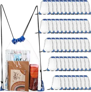 Silkfly 50 Pcs Clear Drawstring Backpacks Bulk Stadium Approved Bags for Men Women Gym Sport Event Security (Blue)