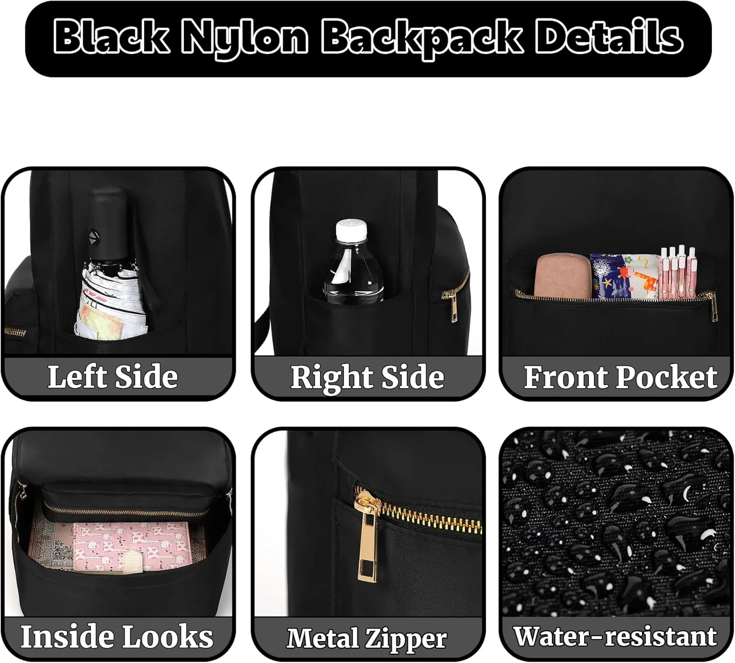 Simple Nylon Light-weight Backpack for Women - Casual Daypack Carry On (Black)