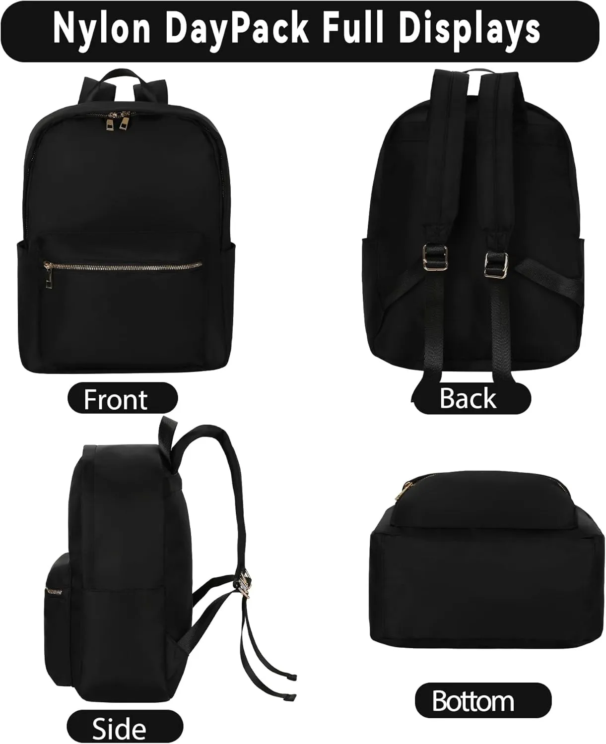 Simple Nylon Light-weight Backpack for Women - Casual Daypack Carry On (Black)