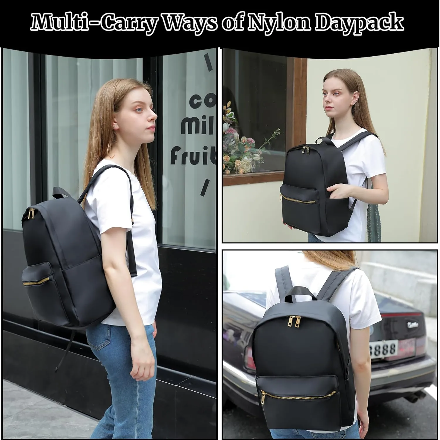 Simple Nylon Light-weight Backpack for Women - Casual Daypack Carry On (Black)