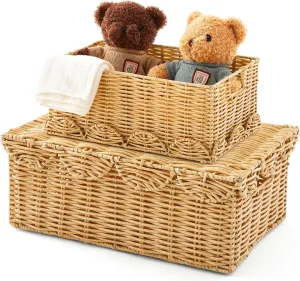 Sintuff 2 Pcs Scalloped Wicker Woven Basket with Lid for Storage Organizing Handwoven Large Decorative Box for Shelf Closet, Bedroom Living Room