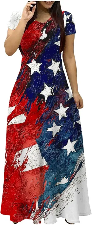 Sinzelimin Summer Dresses for Women 2025 Independence Day Holiday Casual Maxi Dress Short Sleeves O-Neck Loose Comfy Sundress