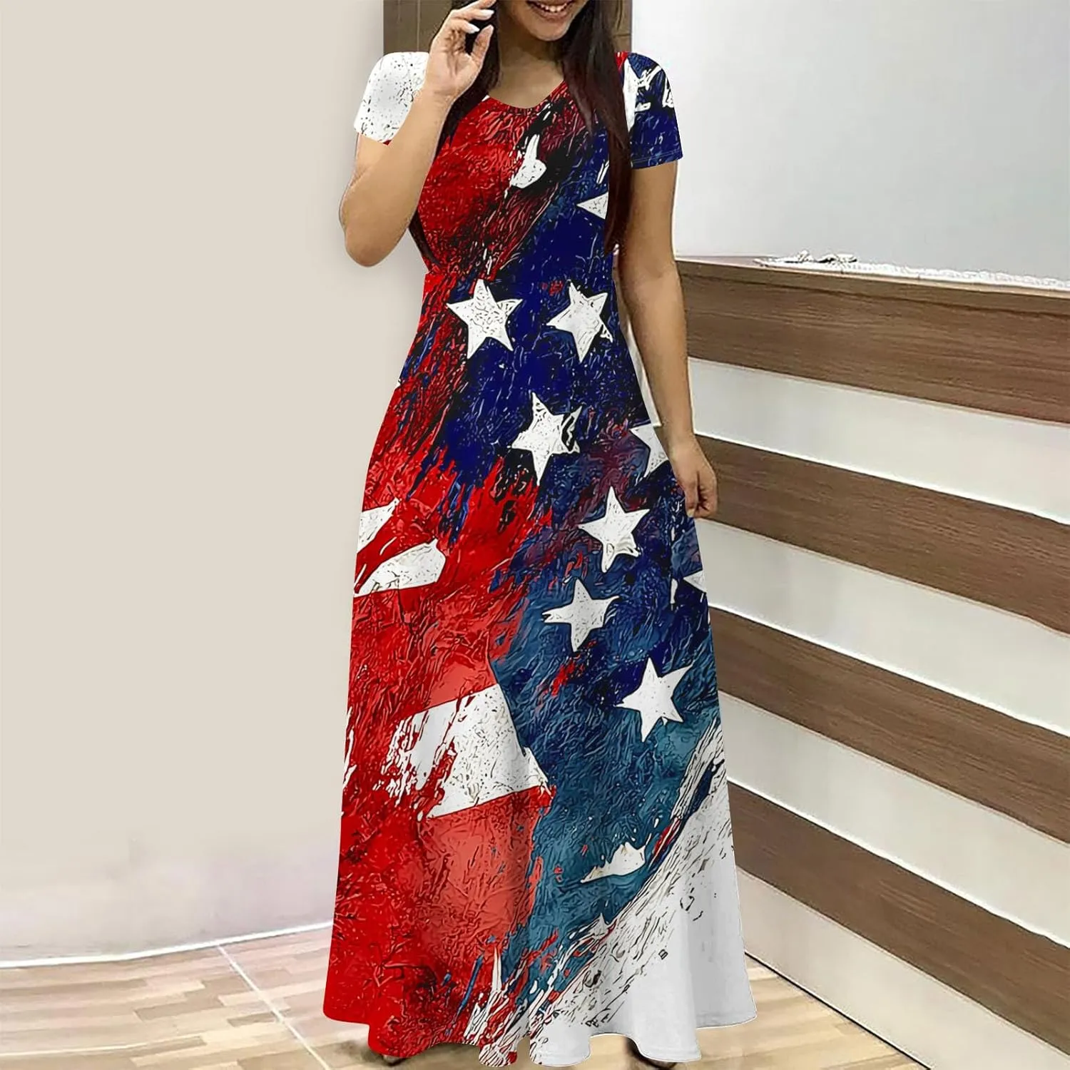 Sinzelimin Summer Dresses for Women 2025 Independence Day Holiday Casual Maxi Dress Short Sleeves O-Neck Loose Comfy Sundress