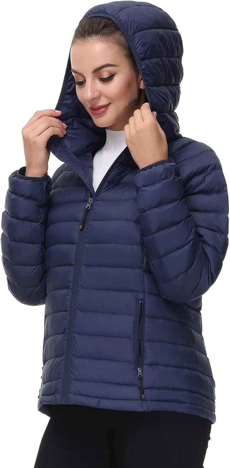 SLOW DOWN Women Lightweight Down Puffer Jacket, Women Hooded Packable Winter Jacket